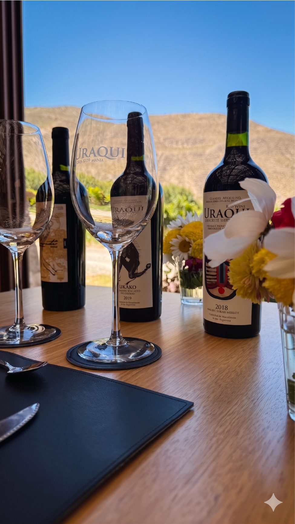 Botellas y copas Uraqui frente a los cerros